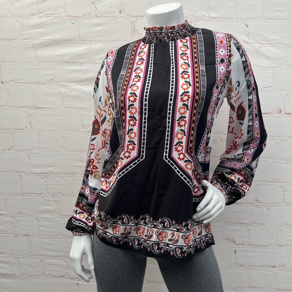 Halife long Sleeve Blouse Women's Chiffon Fashion Collar Print Tops neck Stand M